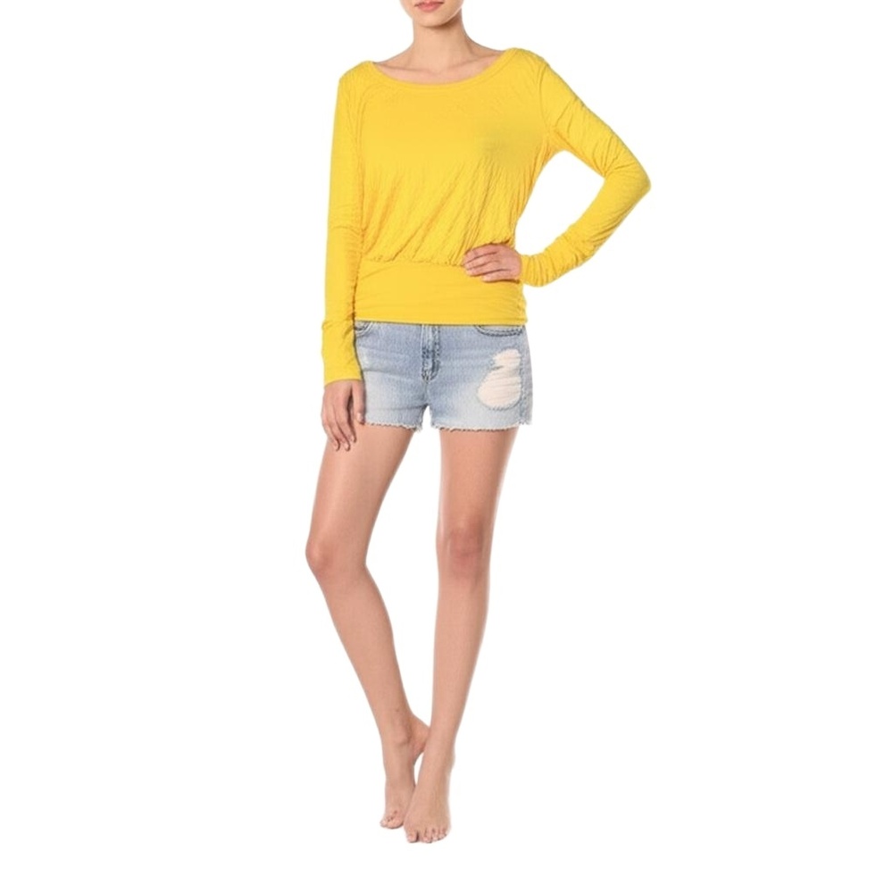 Yellow Jewel Neckline Ruched Long Sleeve Banded Hem‎ Top Womens Small